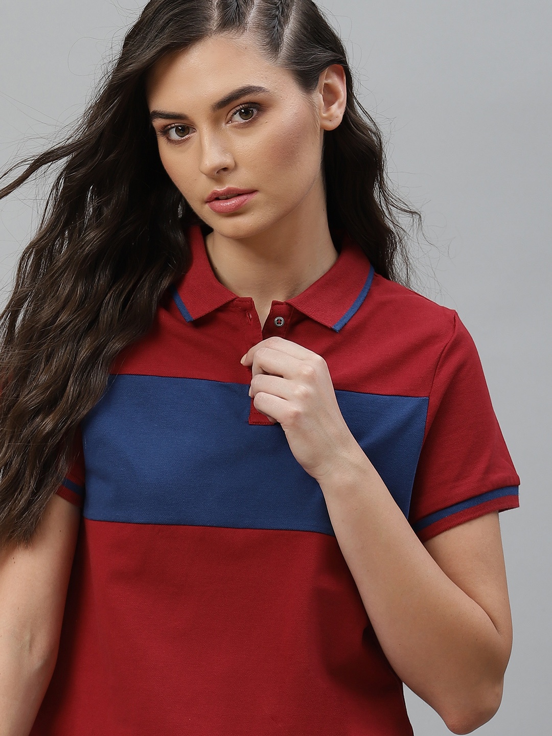 

Roadster Women Red Colourblocked Polo Collar T-shirt