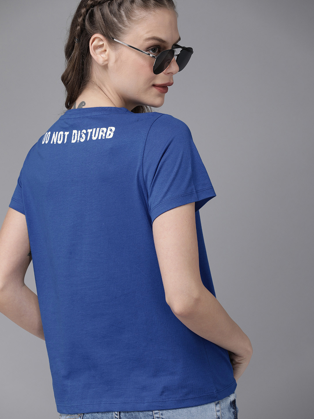 

Roadster Women Blue Printed Round Neck Pure Cotton T-shirt