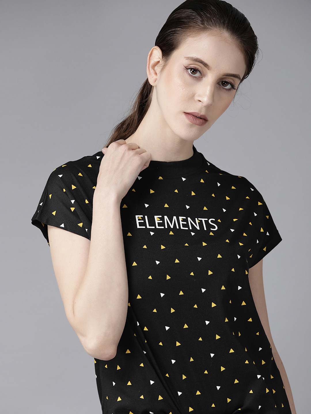 

Roadster Women Black Geometric Printed Round Neck Relaxed Fit Cotton T-shirt