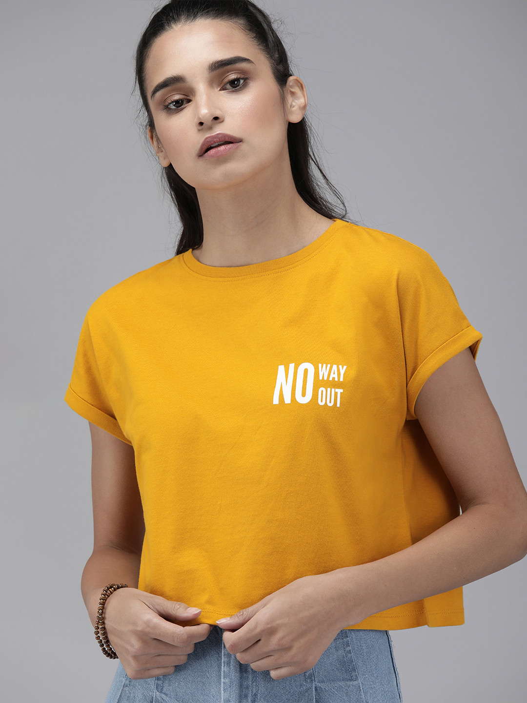 

Roadster Women Mustard Yellow Solid Round Neck Crop Pure Cotton T-shirt with Printed Detail