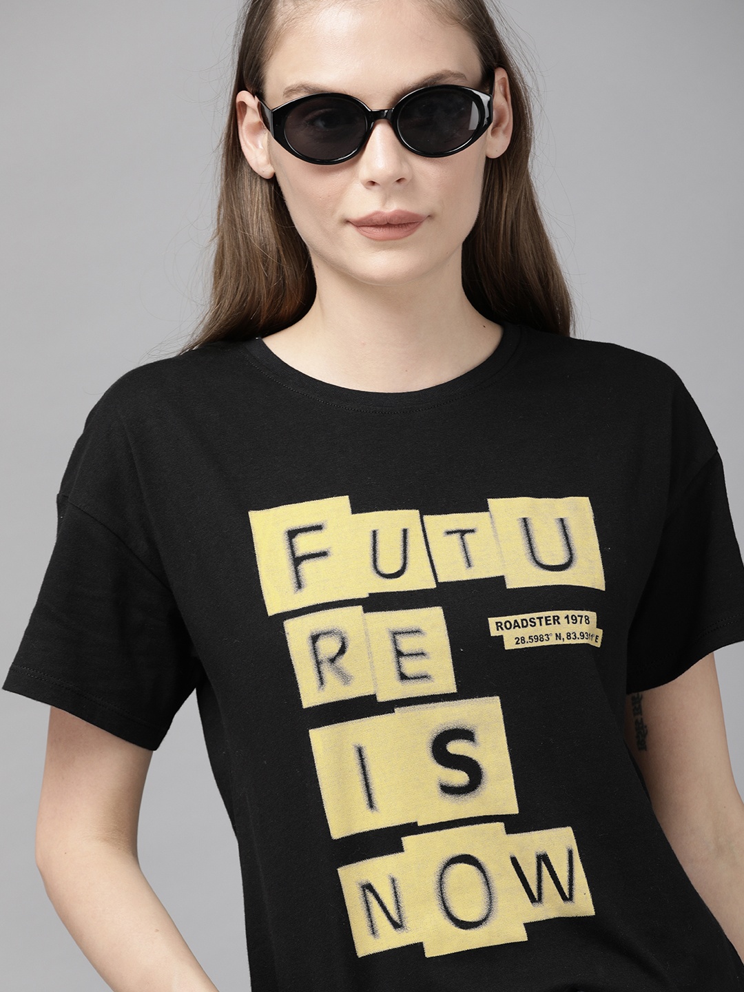 

Roadster Women Black Printed Round Neck Pure Cotton T-shirt