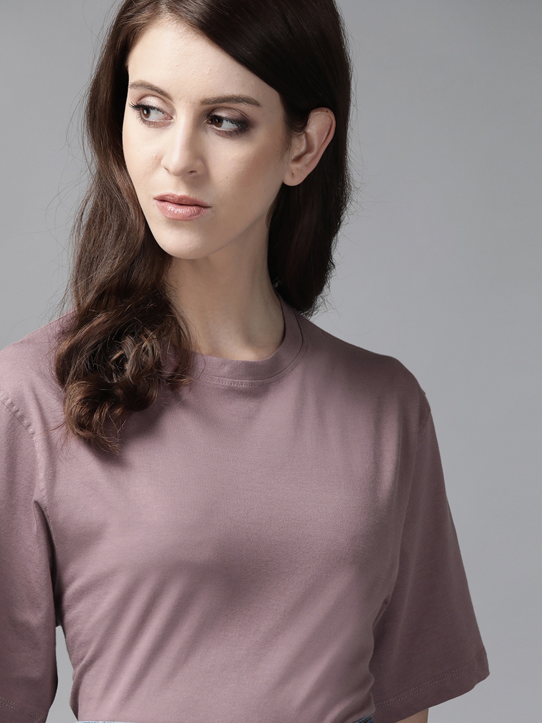 

Roadster Women Mauve Solid Round Neck Pure Cotton T-shirt