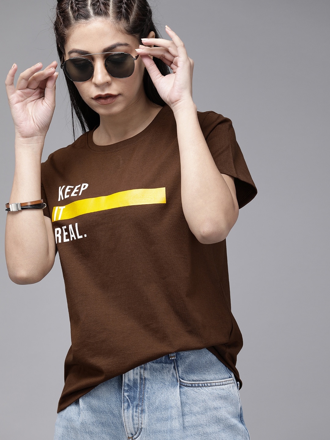 

Roadster Women Burgundy Pure Cotton Printed Round Neck Pure Cotton T-shirt