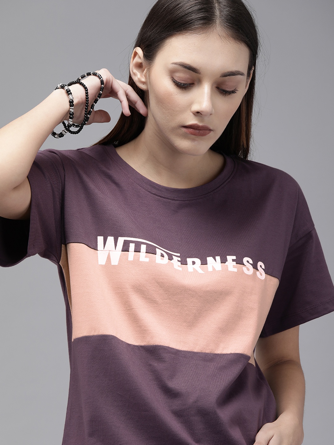 

Roadster Women Purple Peach-Coloured Colourblocked Round Neck Pure Cotton T-shirt