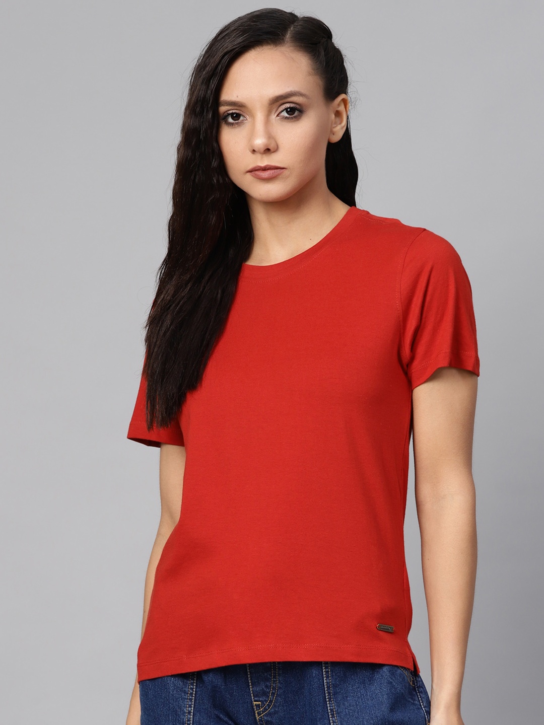 

Roadster Women Rust Red Solid Round Neck T-shirt