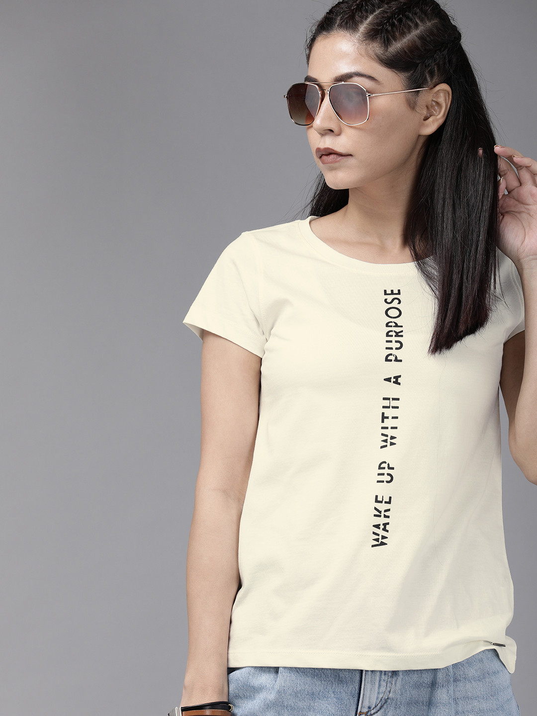 

Roadster Women Off-White Printed Round Neck Pure Cotton T-shirt