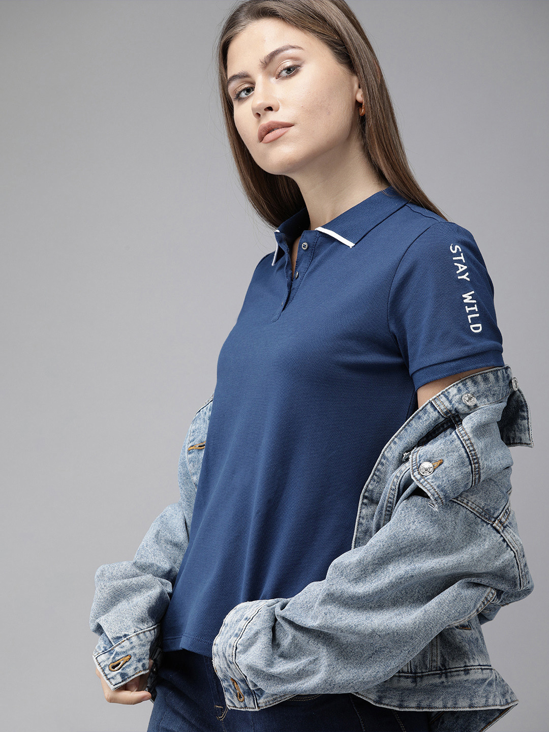 

Roadster Women Navy Blue Solid Polo Collar T-shirt