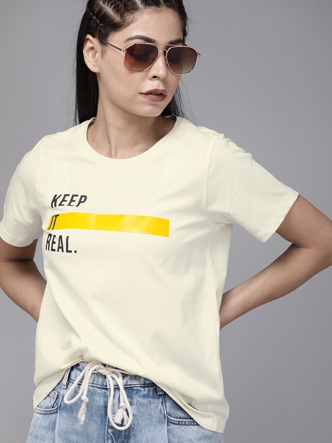 

Roadster Women Cream-Coloured Printed Round Neck Pure Cotton T-shirt