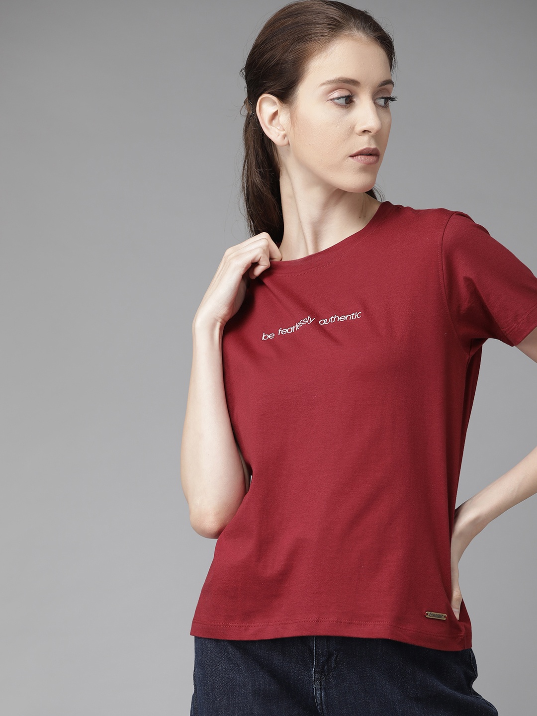 

Roadster Women Maroon Embroidered Detail Round Neck Pure Cotton Relaxed Fit T-shirt