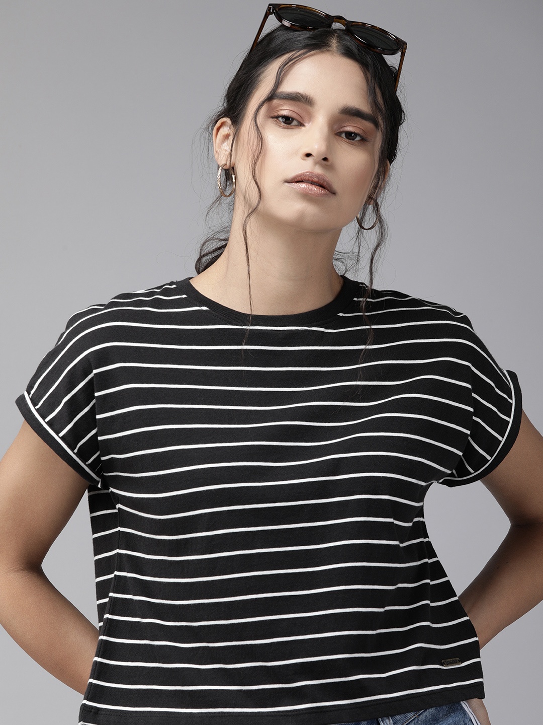 

Roadster Women Black White Striped Round Neck Pure Cotton T-shirt