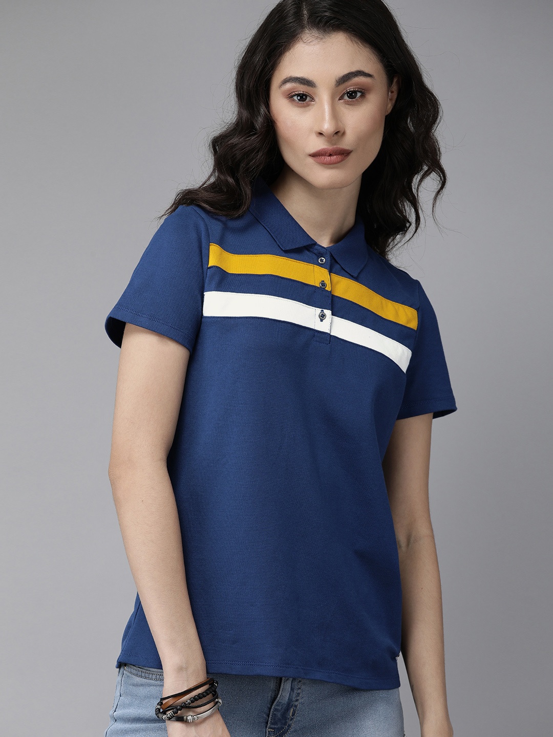 

Roadster Women Navy Blue Striped Polo Collar T-shirt