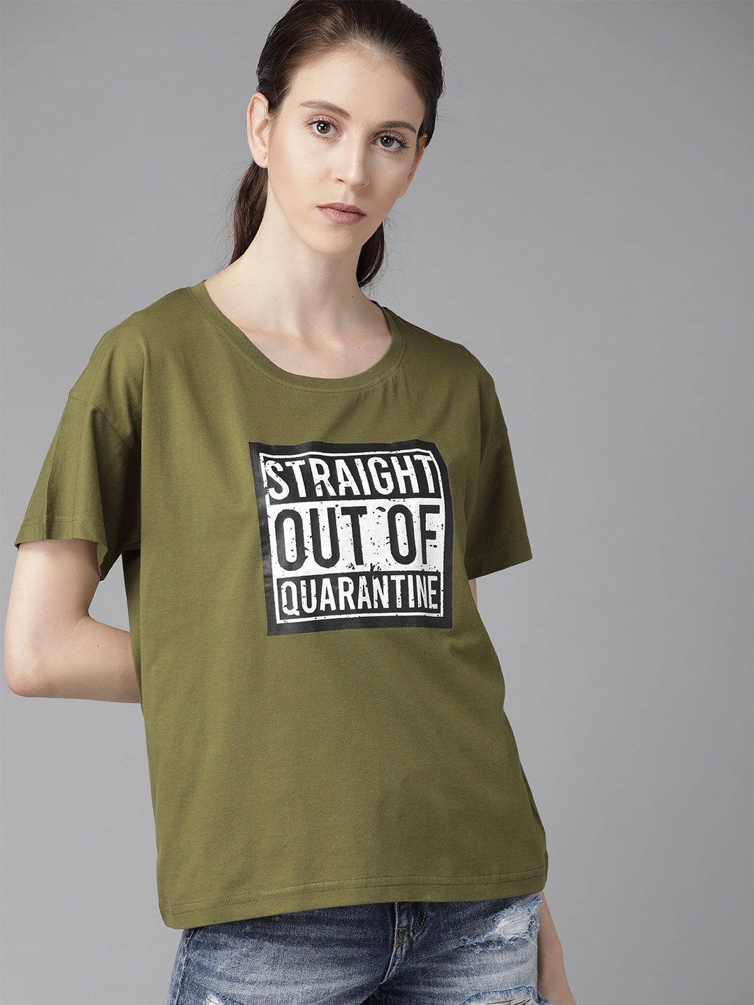 

Roadster Women Olive Green & White Printed Round Neck T-shirt