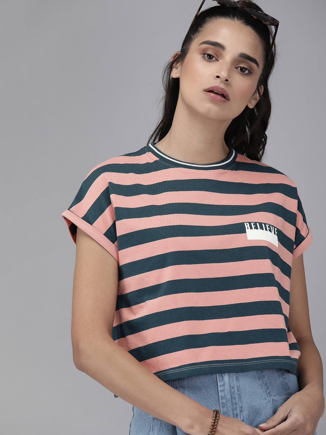 

Roadster Women Pink Navy Blue Striped Round Neck Crop Pure Cotton T-shirt