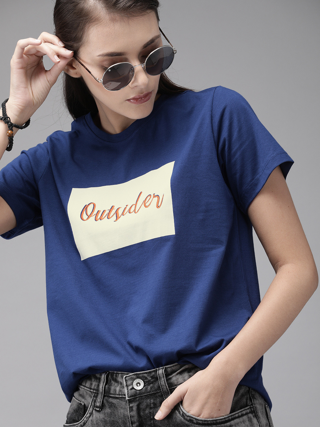 

Roadster Women Blue Printed Round Neck Pure Cotton T-shirt