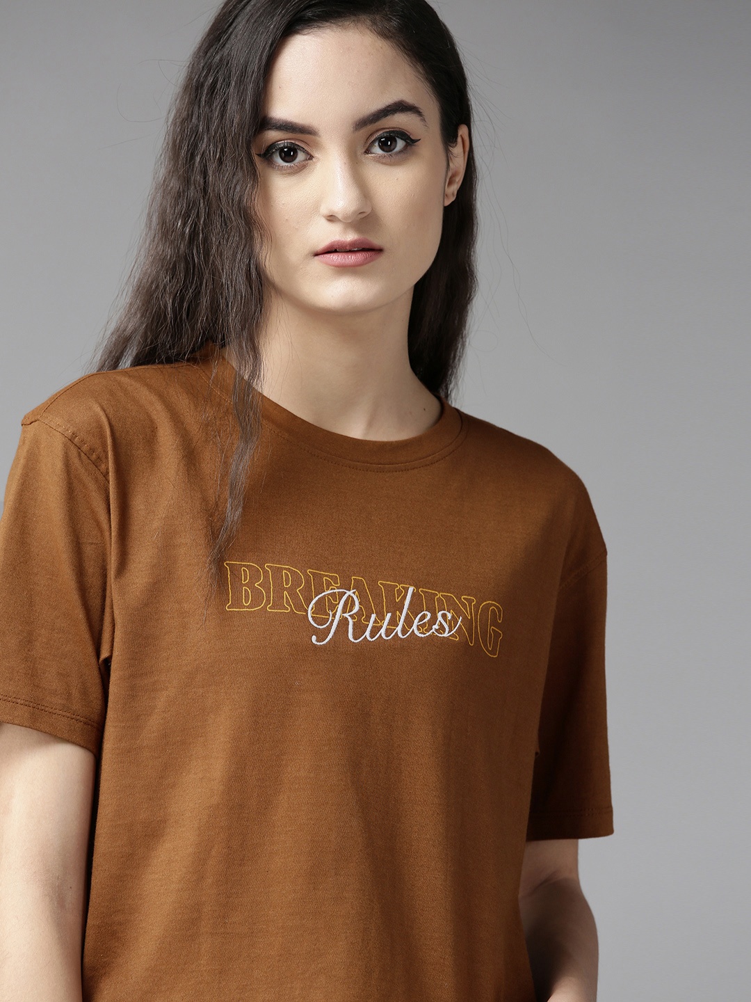 

Roadster Women Brown Printed Round Neck T-shirt