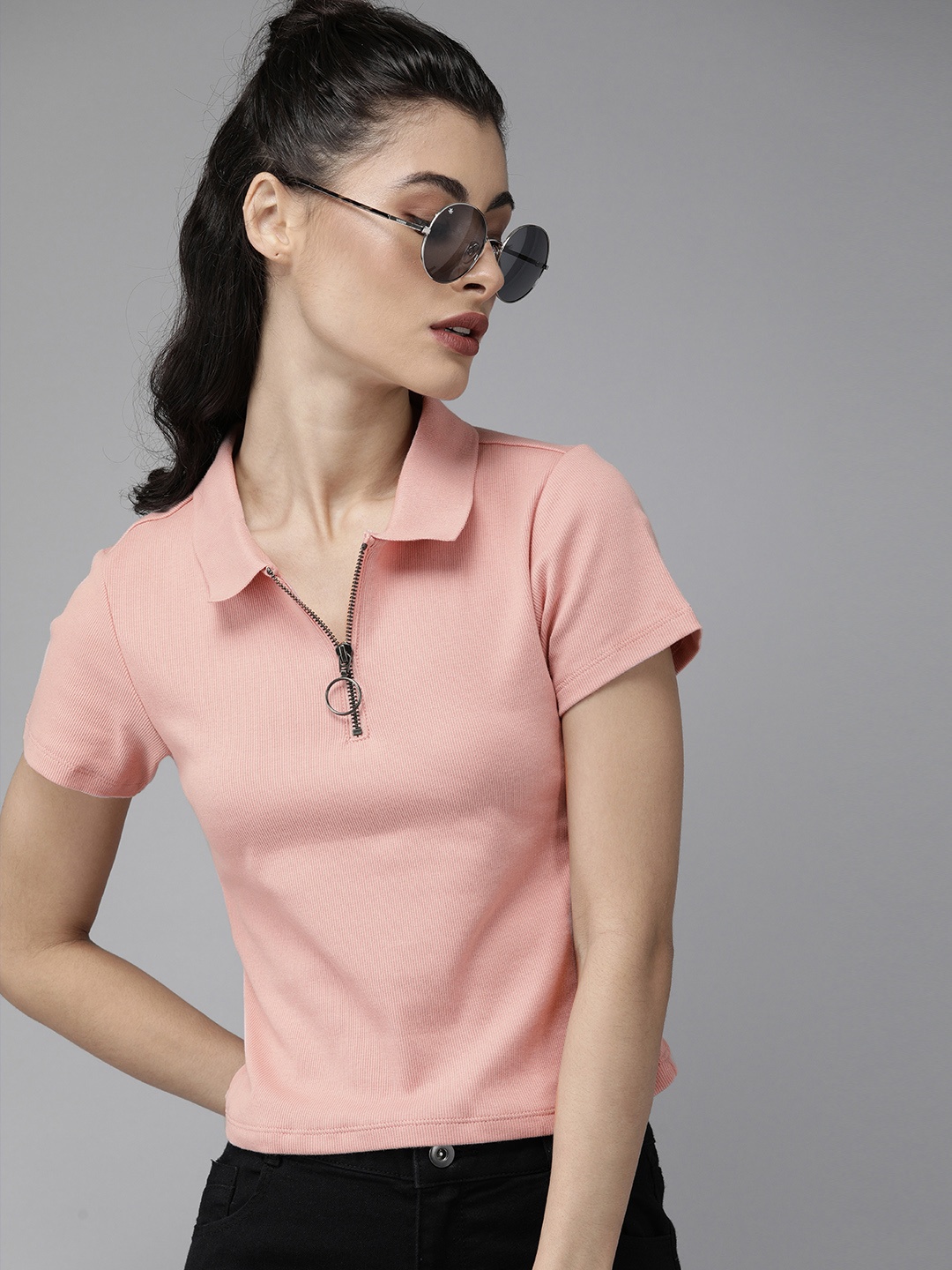 

Roadster Women Peach Solid Polo Collar T-shirt