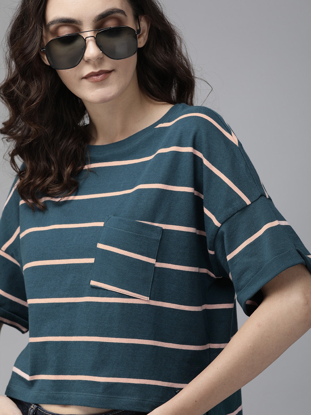 

Roadster Women Teal Striped Round Neck T-shirt