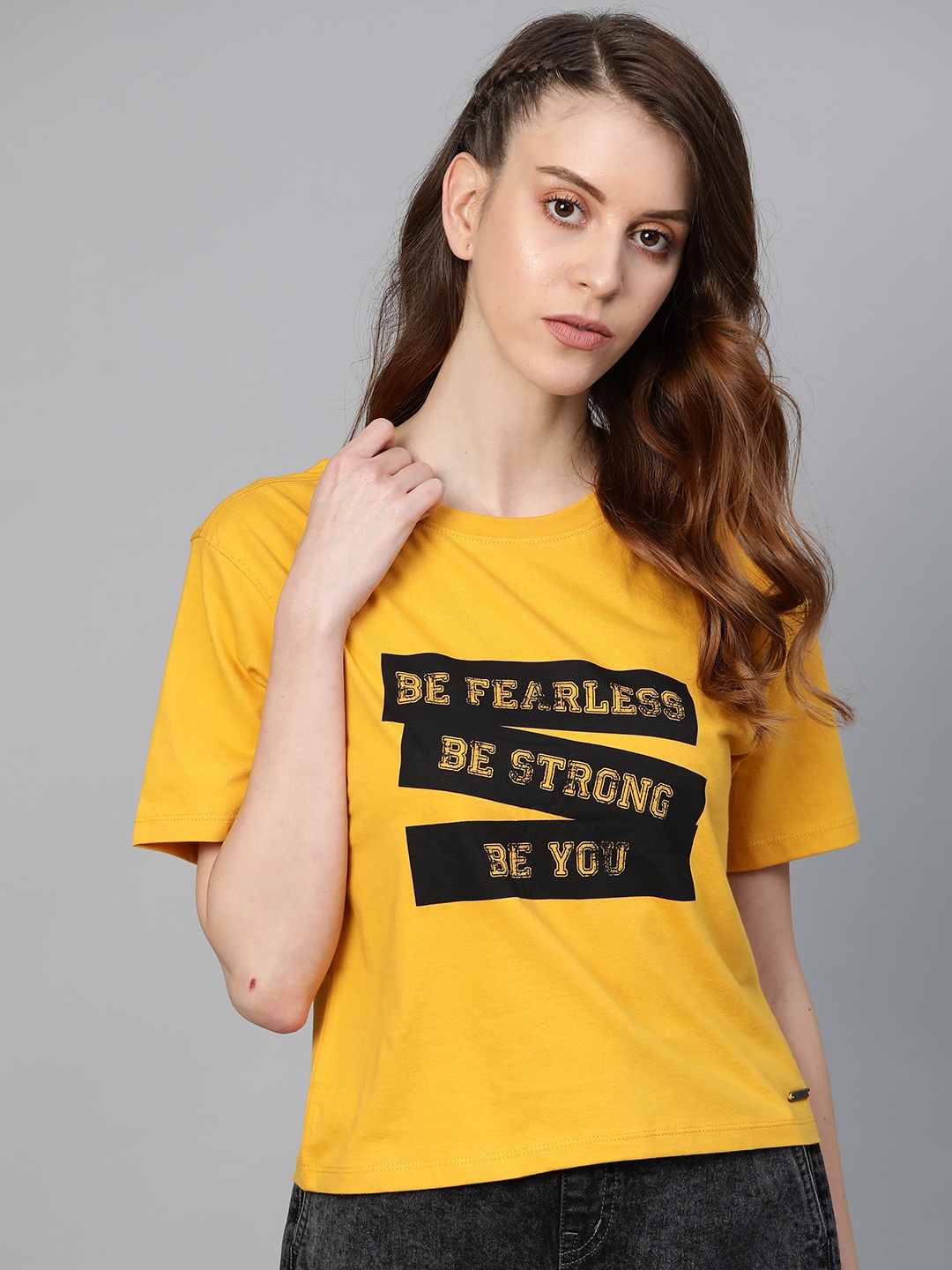 

Roadster Women Mustard Yellow & Black Printed Round Neck Relaxed Fit T-shirt