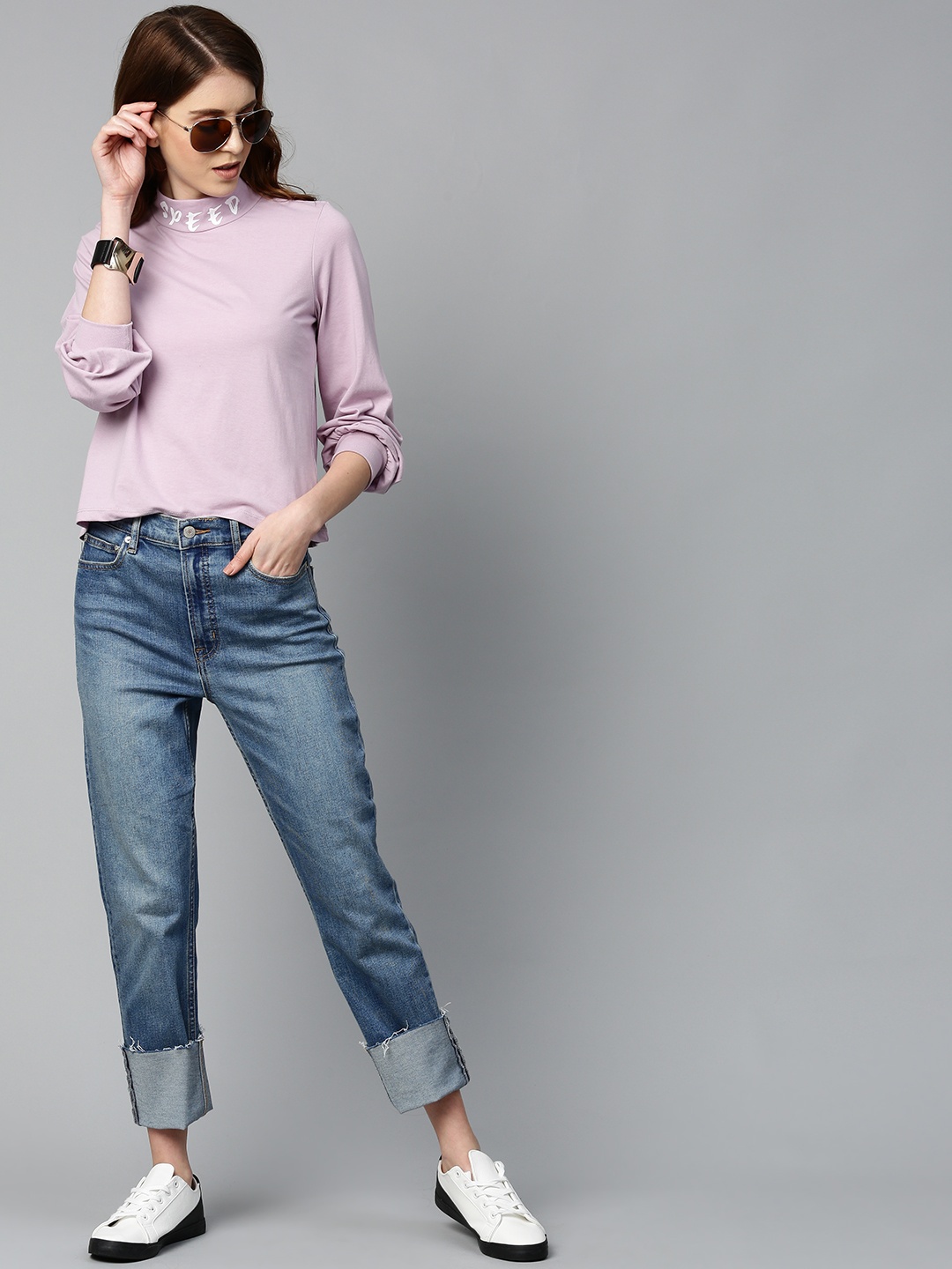 

The Roadster Lifestyle Co. Women Lavender Solid Puff Sleeves Top