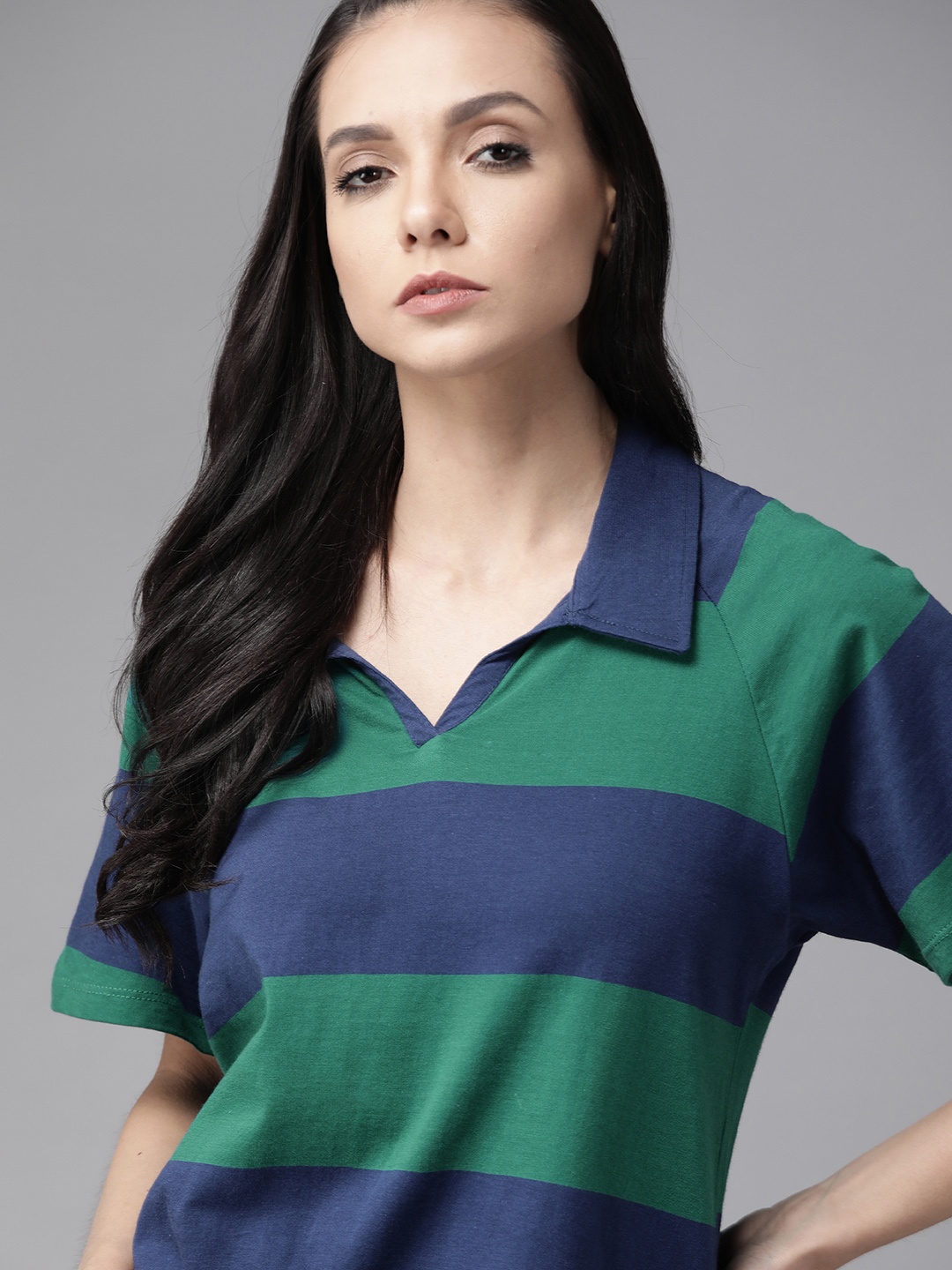 

Roadster Women Navy Blue & Green Pure Cotton Striped Spread Collar T-shirt