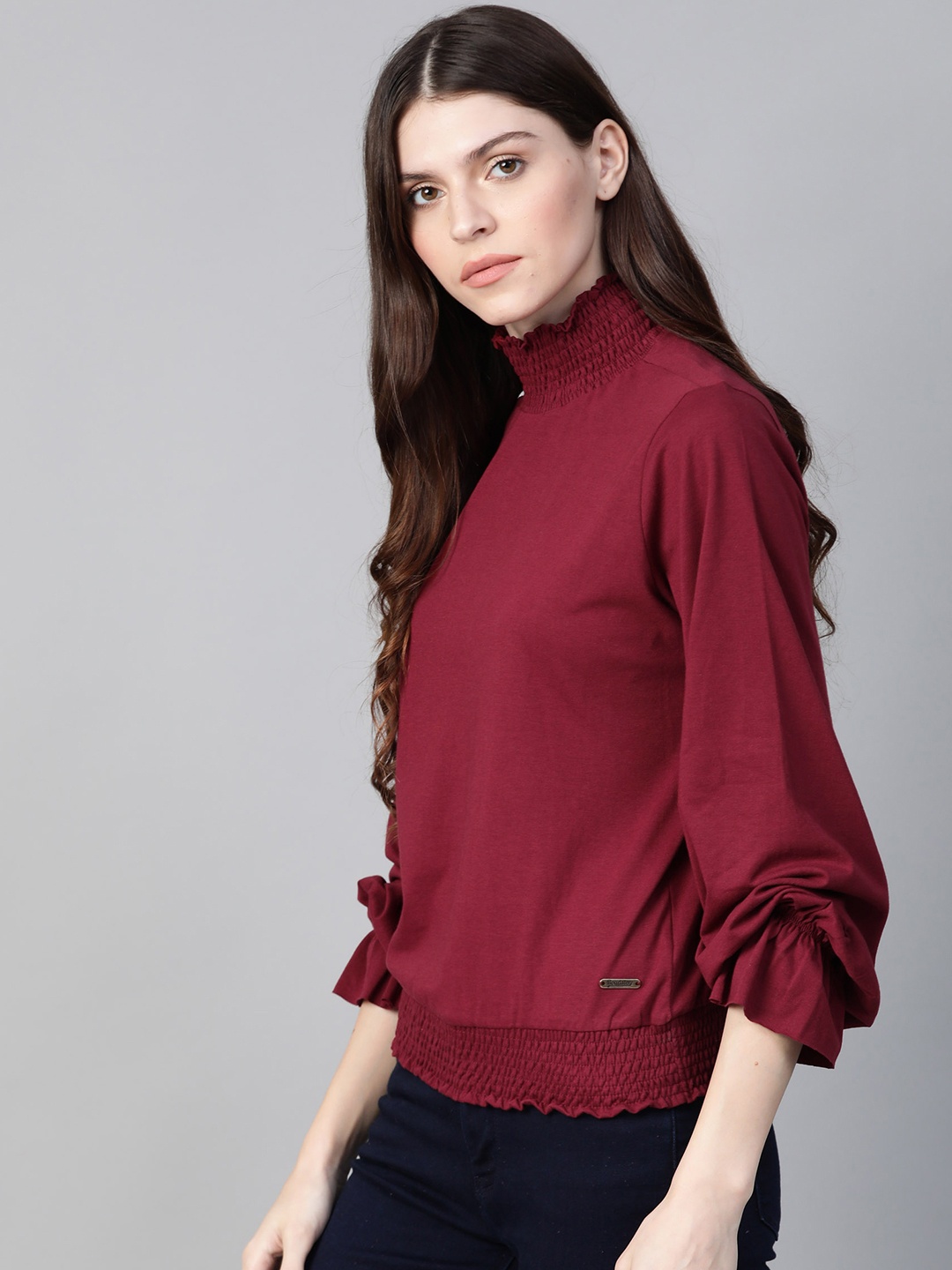 

Roadster Women Maroon Solid Blouson Top