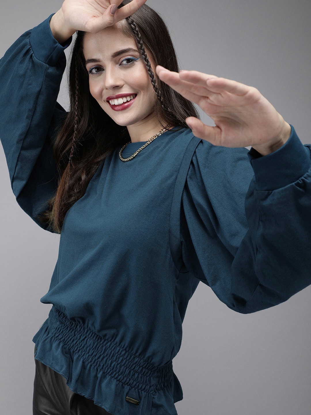 

Roadster Women Teal Blue Solid Puff Sleeves Top
