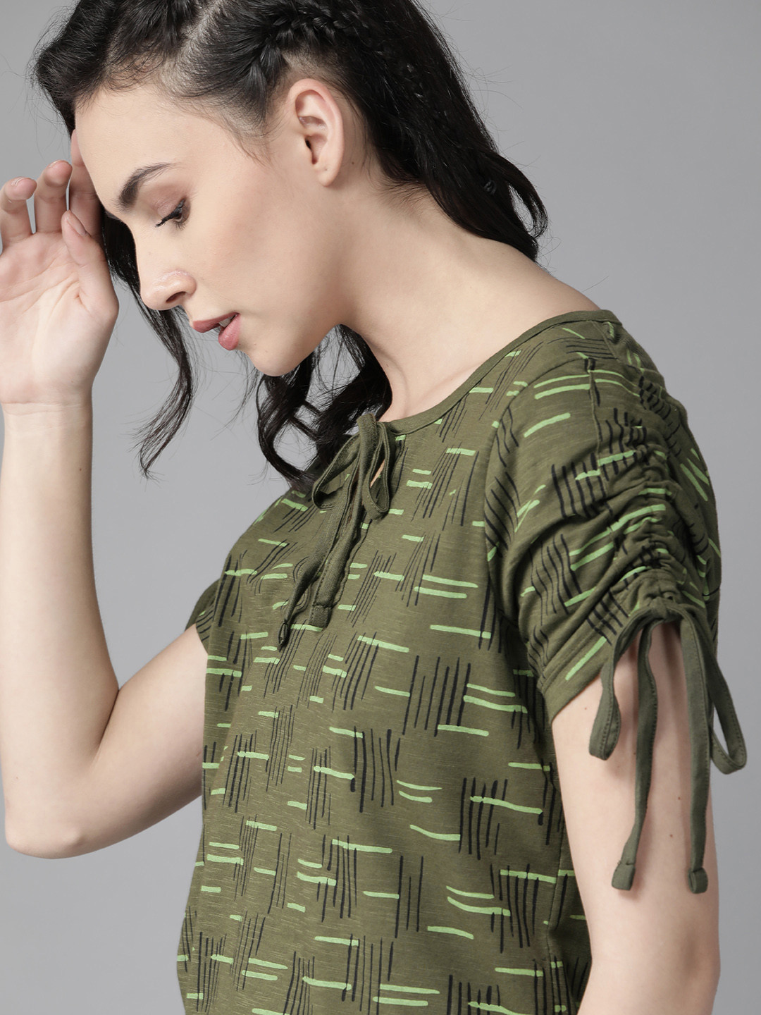 

Roadster Olive Green Geometric Printed Tie-Up Neck Pure Cotton Top