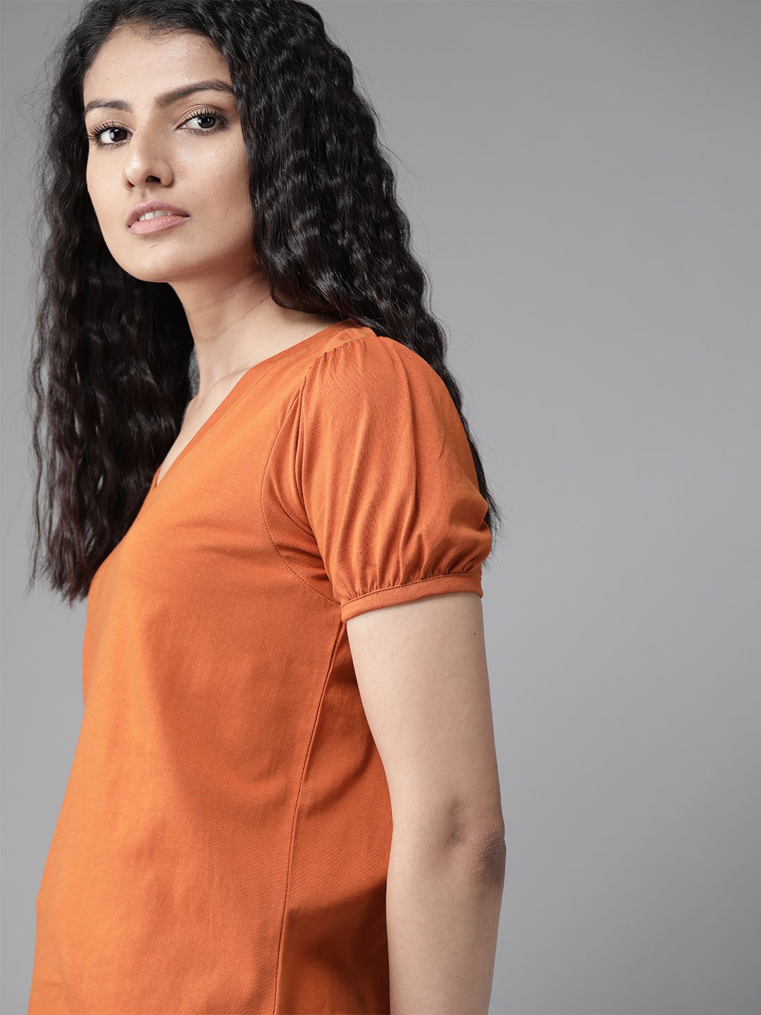 

Roadster Women Rust Orange Solid Puff Sleeves Pure Cotton Top
