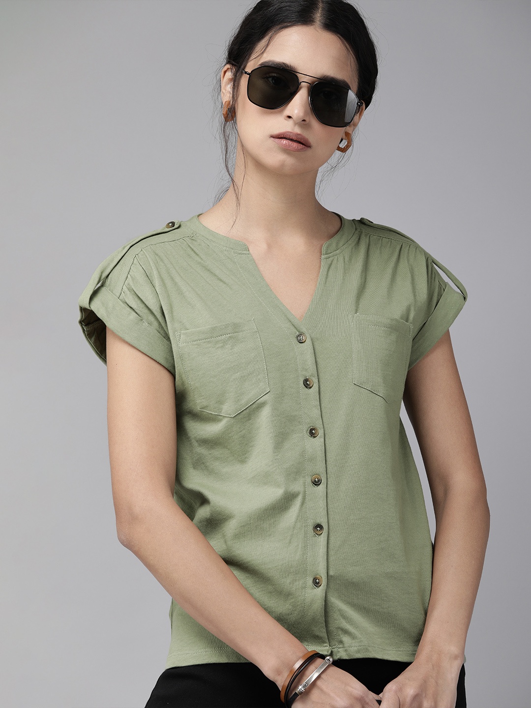 

Roadster Women Olive Green Mandarin Collar Roll-Up Sleeves Pure Cotton Regular Top