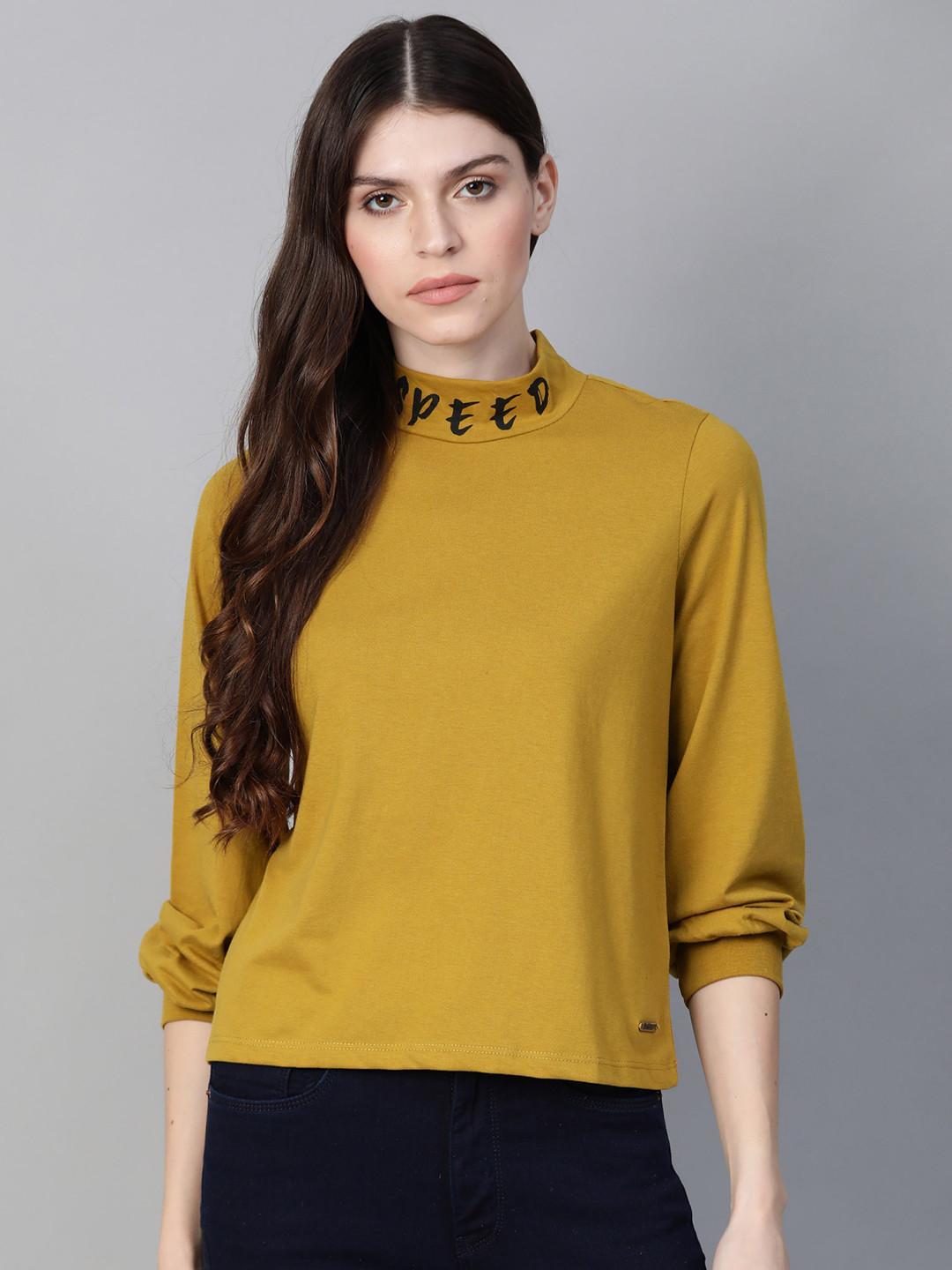 

Roadster Women Mustard Yellow Solid Puff Sleeves Top