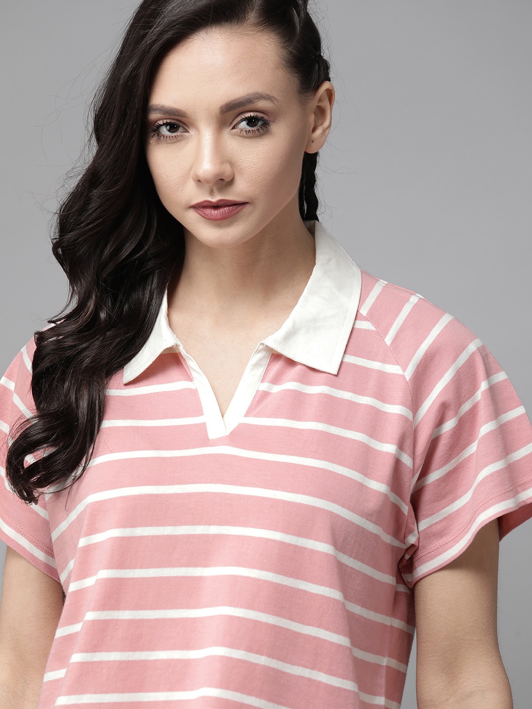 

Roadster Women Pink & Off-White Boxy Striped Polo Collar T-shirt