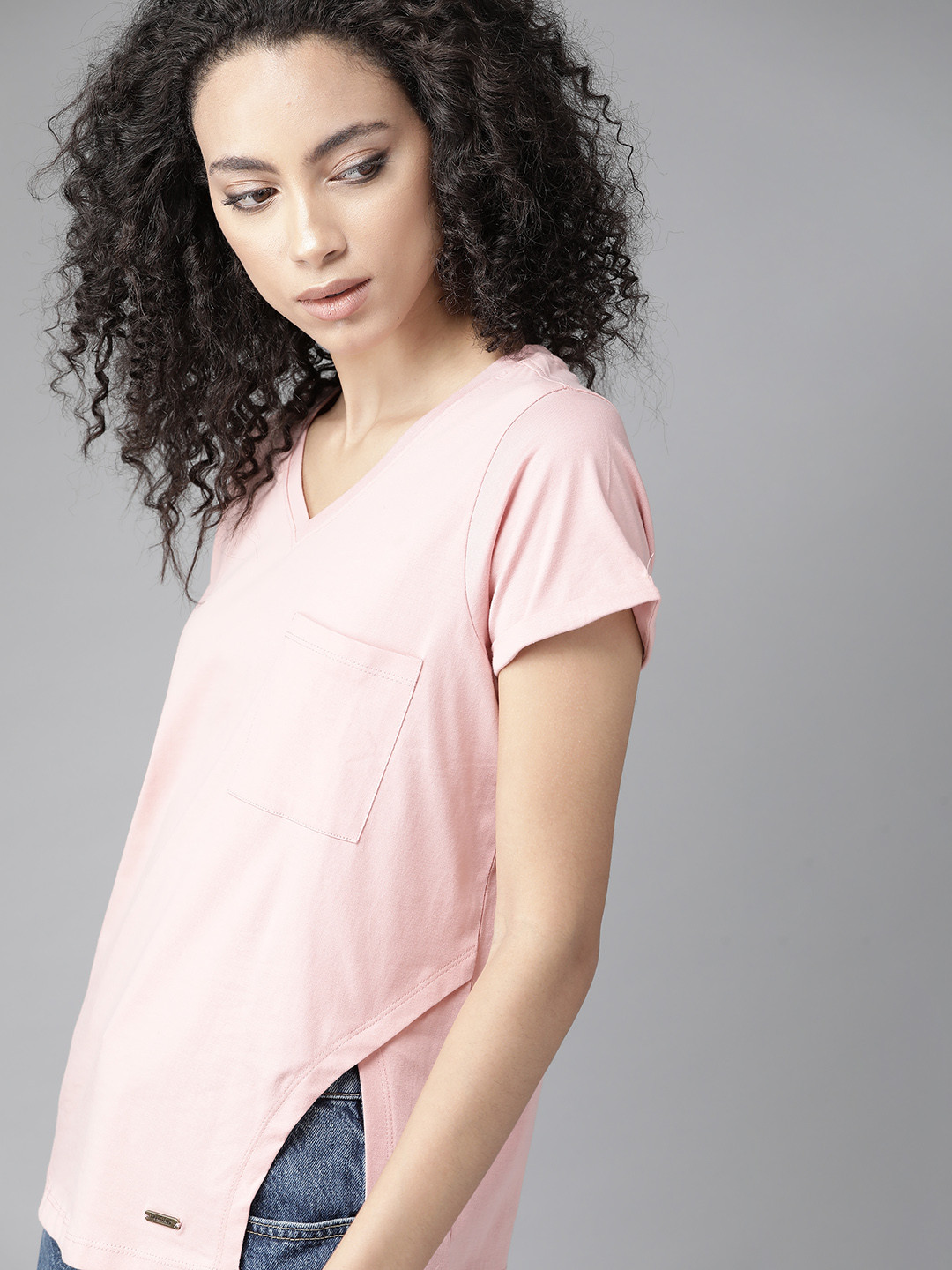 

Roadster Women Pink Solid Pure Cotton Top with Hem Details