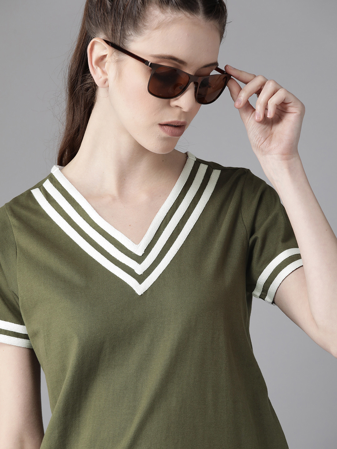 

Roadster Women Olive Green Solid Pure Cotton T-shirt with Striped Detail