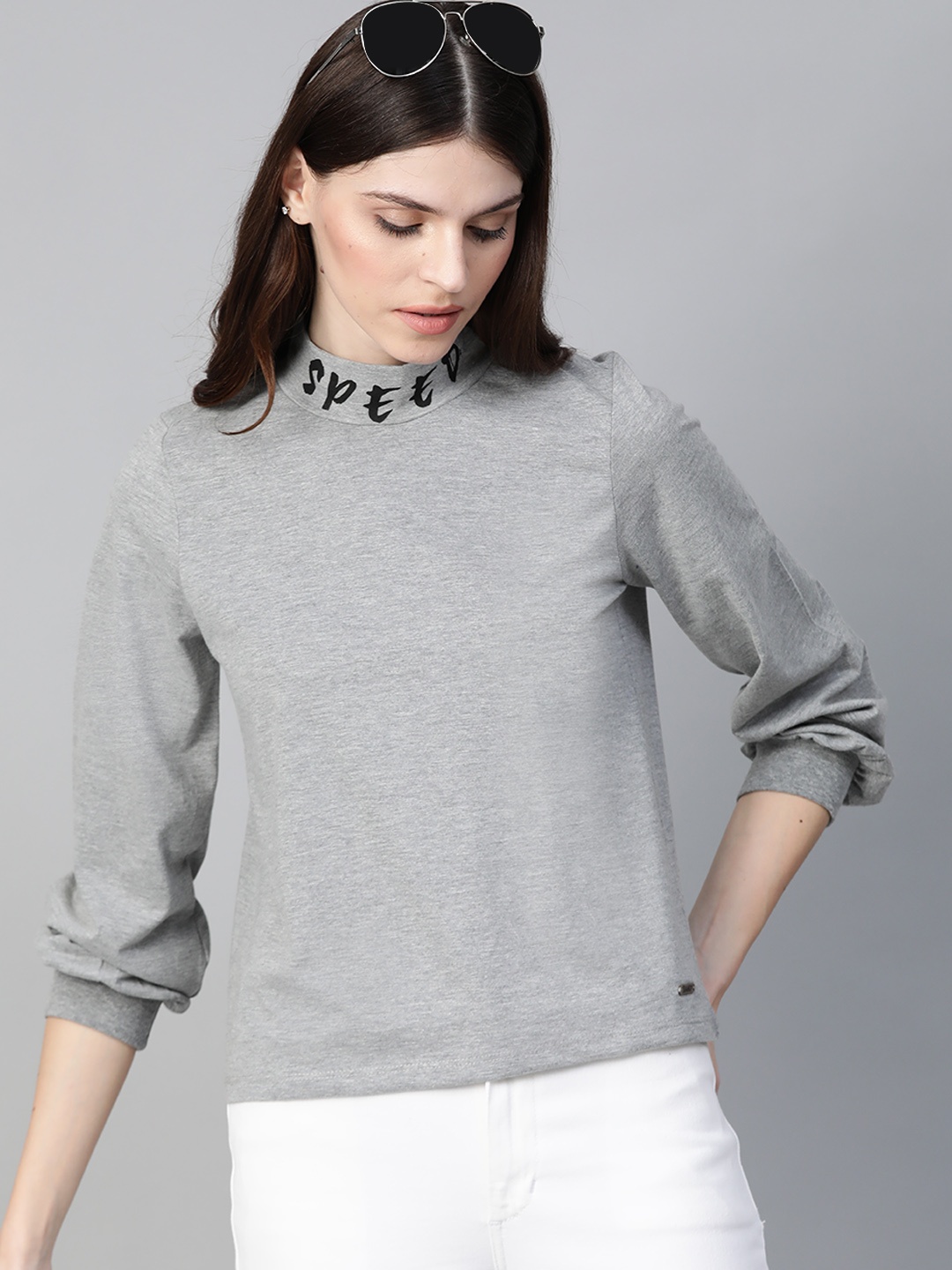 

Roadster Women Grey Melange Solid Puff Sleeves Top