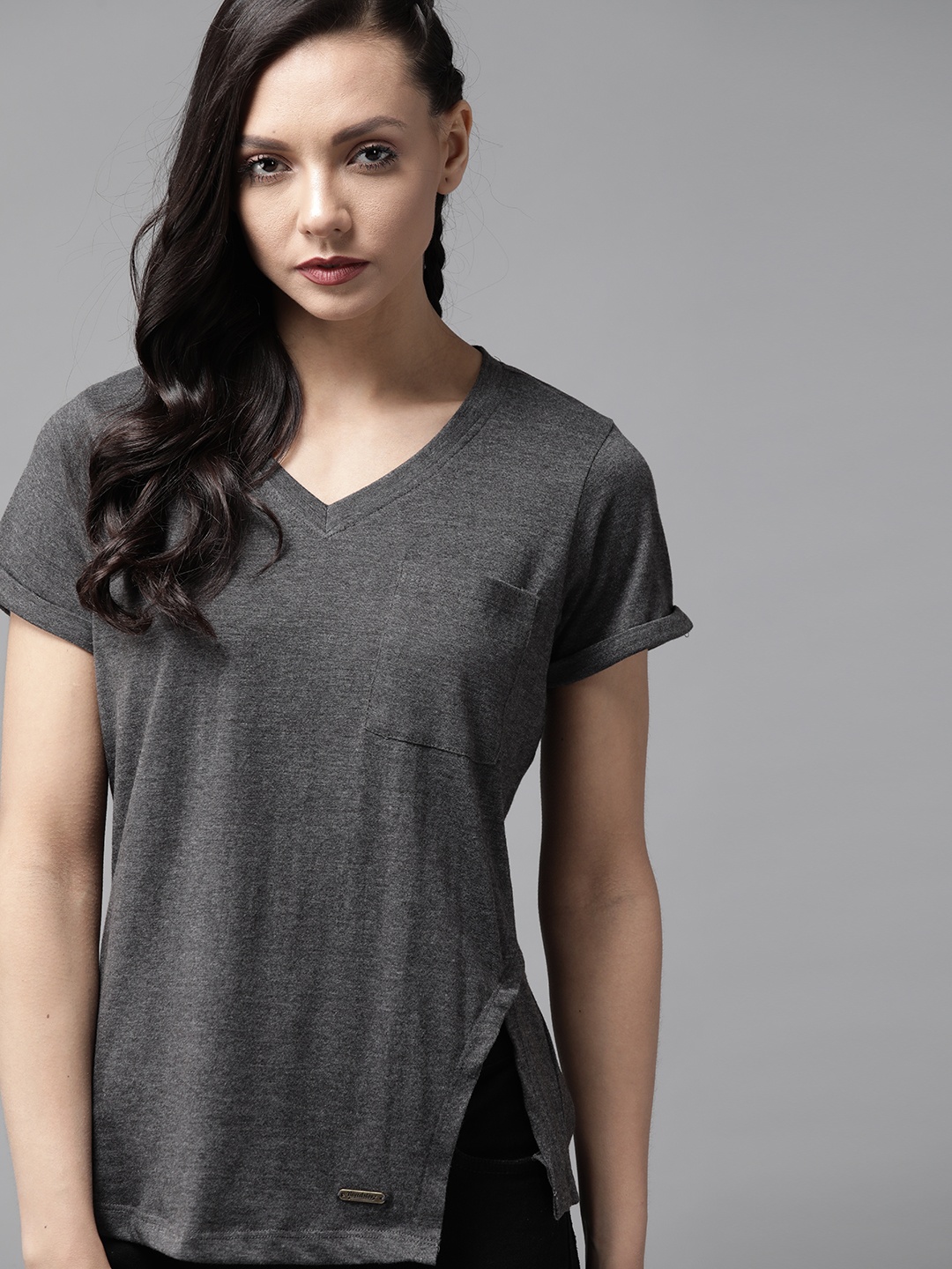 

Roadster Women Charcoal Grey Solid Slit Hem V-Neck T-shirt