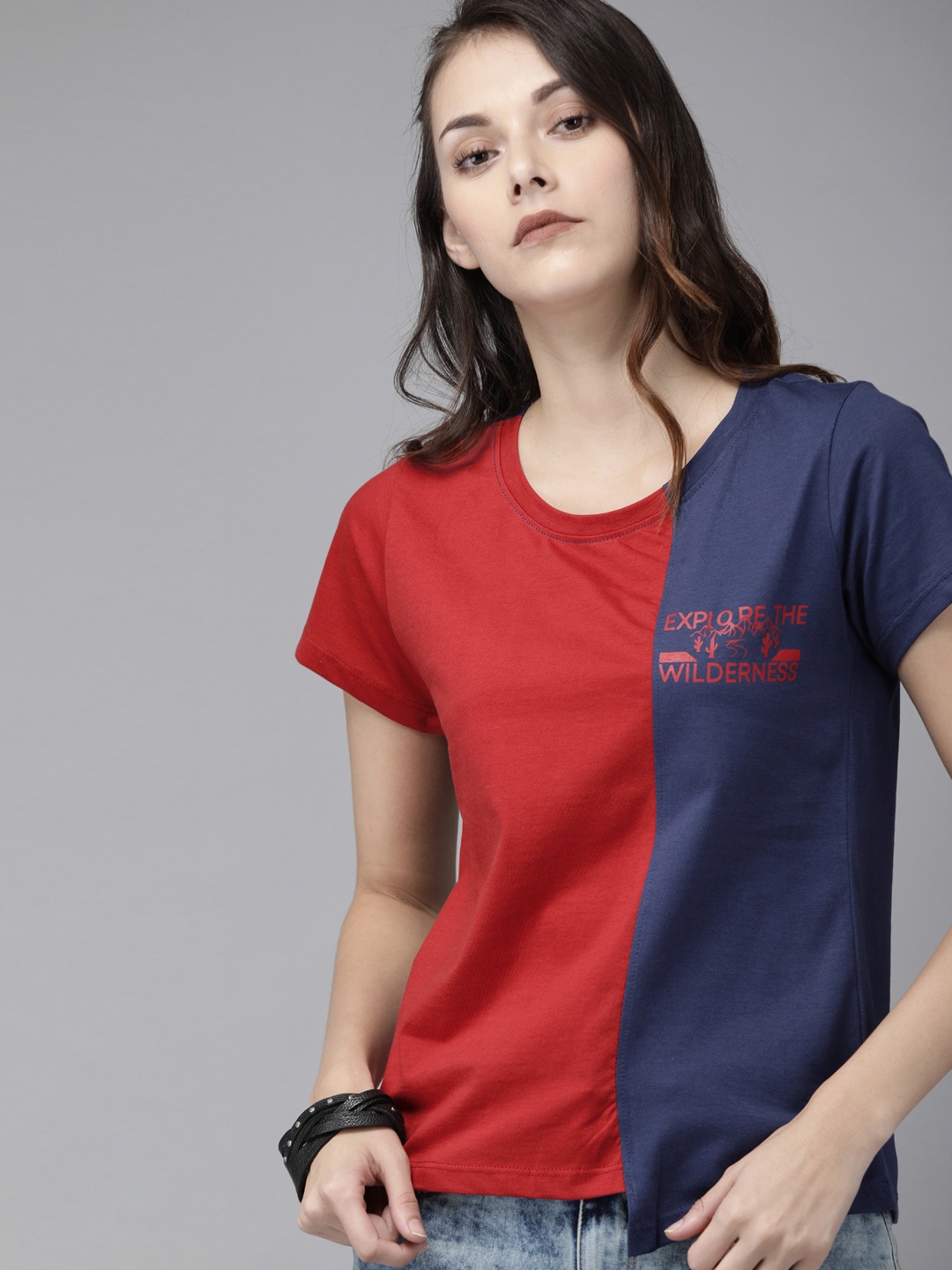 

Roadster Women Red & Navy Blue Colourblocked High-Low Hem Pure Cotton Top