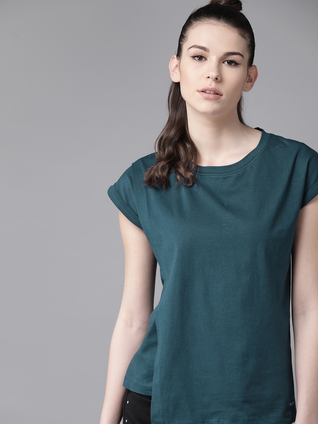 

Roadster Women Teal Blue Pure Cotton Solid Layered Top