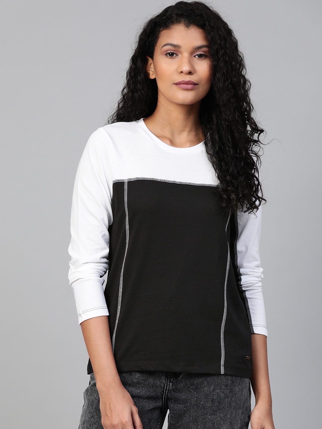 

Roadster Women Black White Colourblocked Round Neck Pure Cotton T-shirt