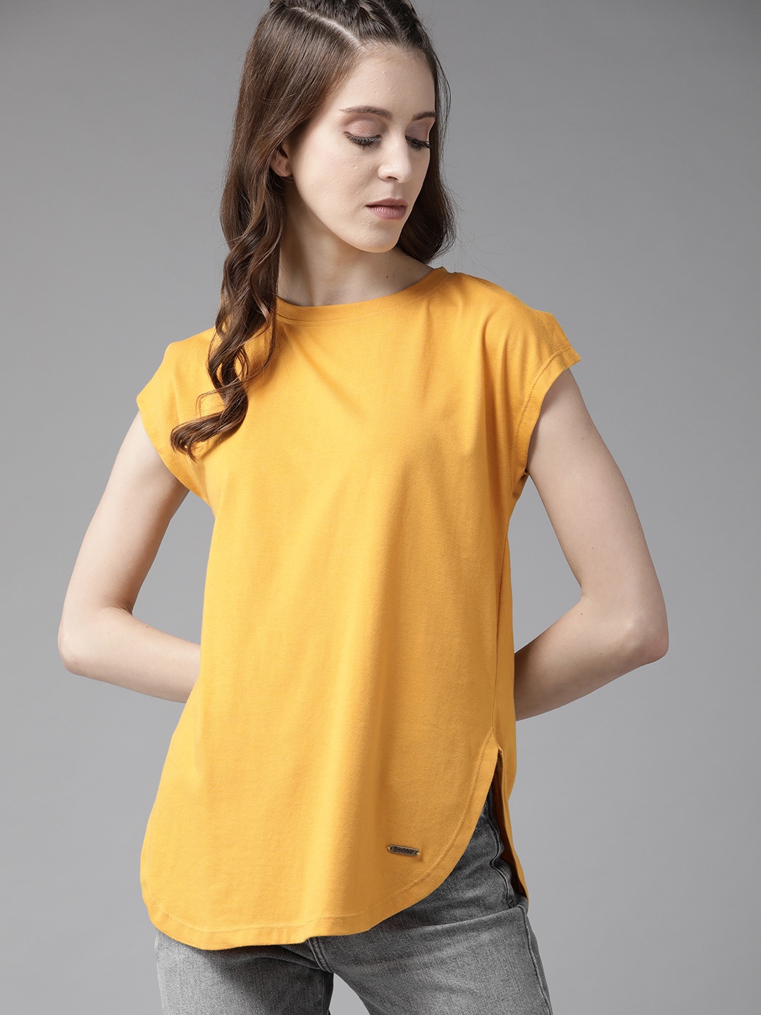 

Roadster Women Mustard Yellow Solid Pure Cotton Top