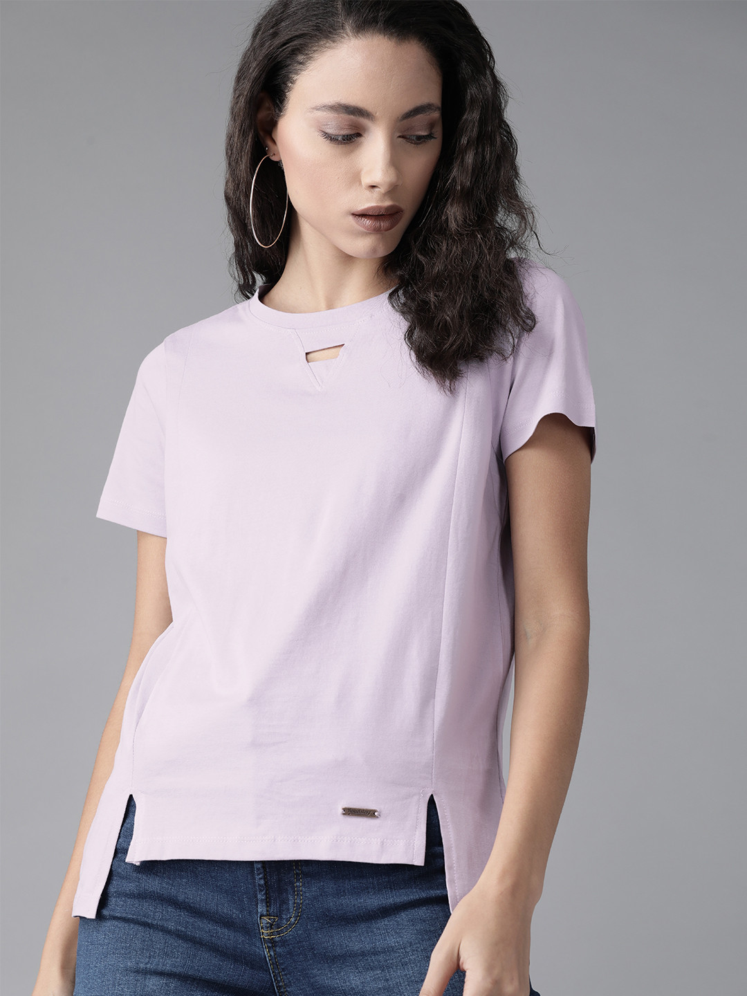 

Roadster Women Lavender Solid High-Low Hem T-shirt