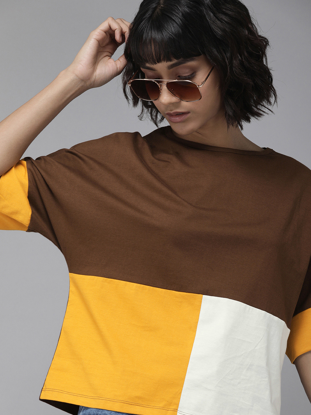 

Roadster Women Brown Mustard Yellow Colourblocked Round Neck Pure Cotton T-shirt
