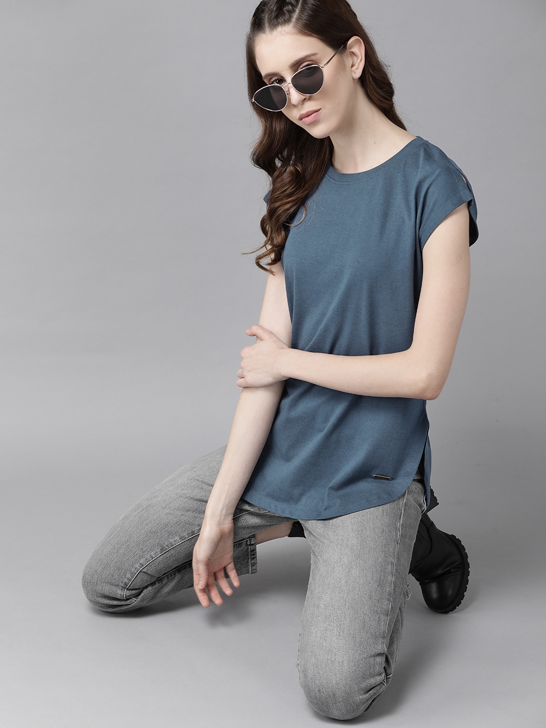 

Roadster Women Teal Blue Pure Solid Pure Cotton Top
