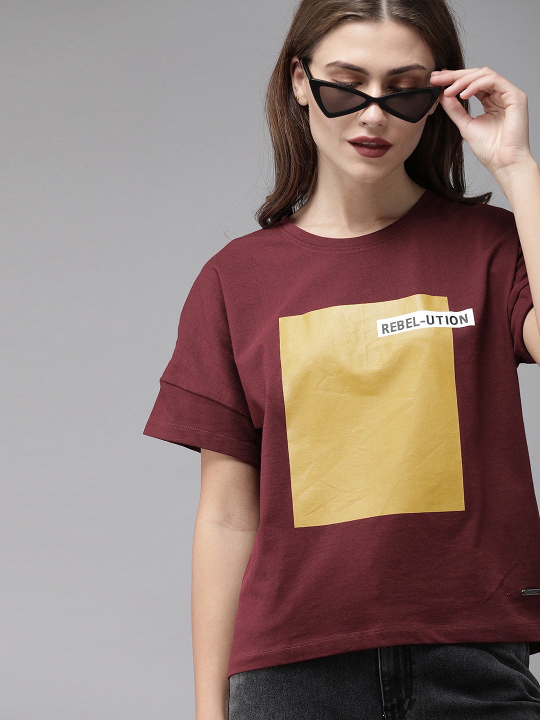 

Roadster Women Maroon Mustard Yellow Printed Drop-Shoulder Round Neck Pure Cotton T-shirt