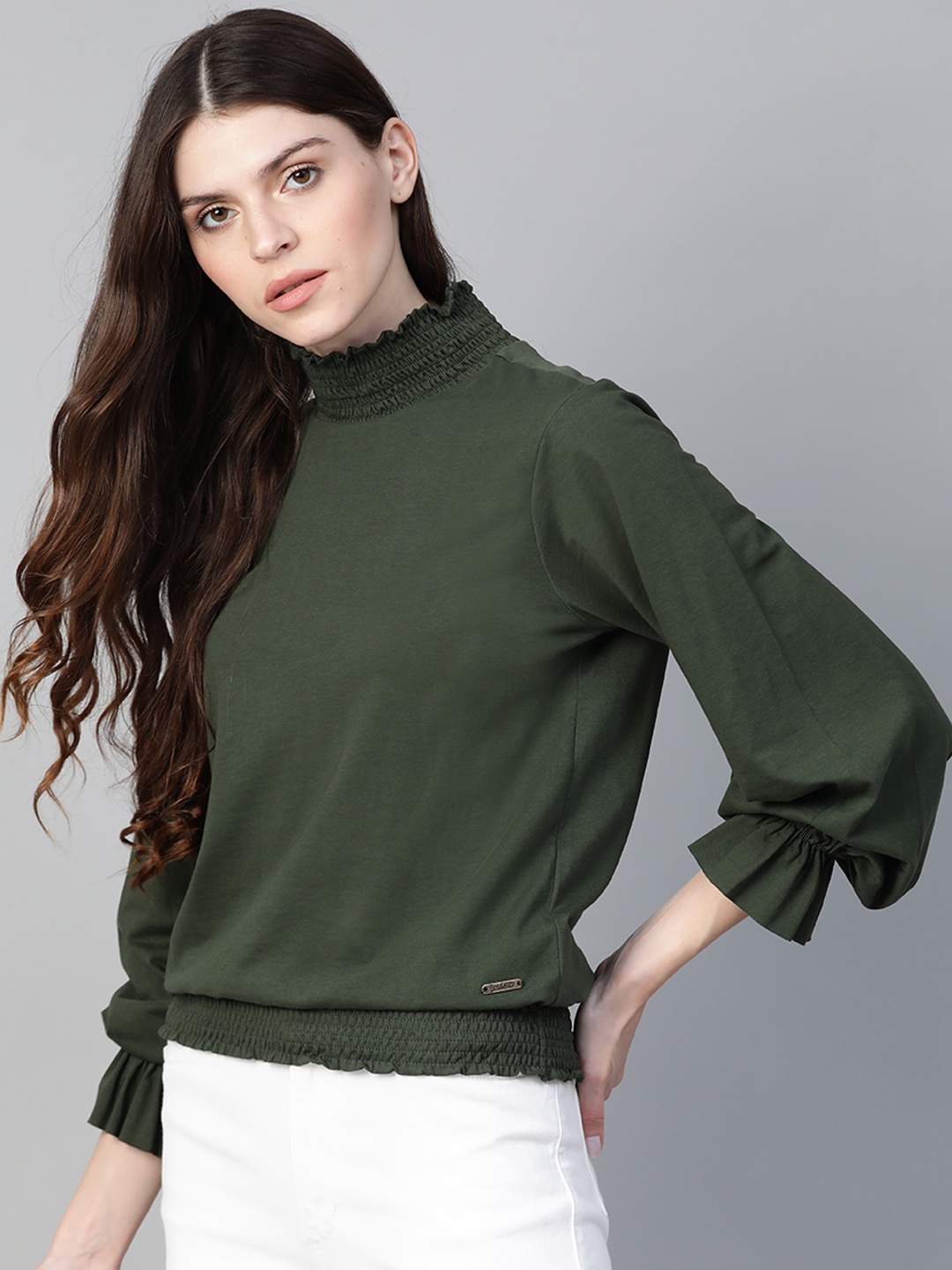 

Roadster Women Green Solid Blouson Top