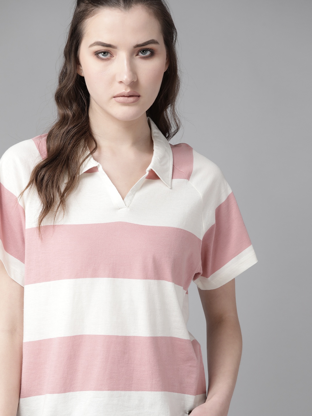 

Roadster Women White Striped Pure Cotton Polo Collar Pure Cotton T-shirt