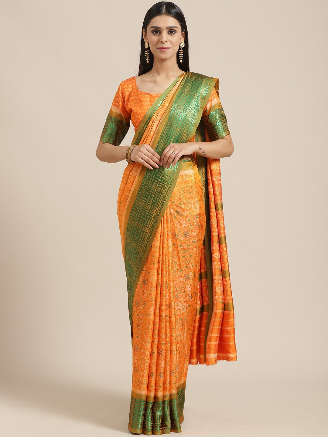 

Saree mall Orange & Green Printed Saree