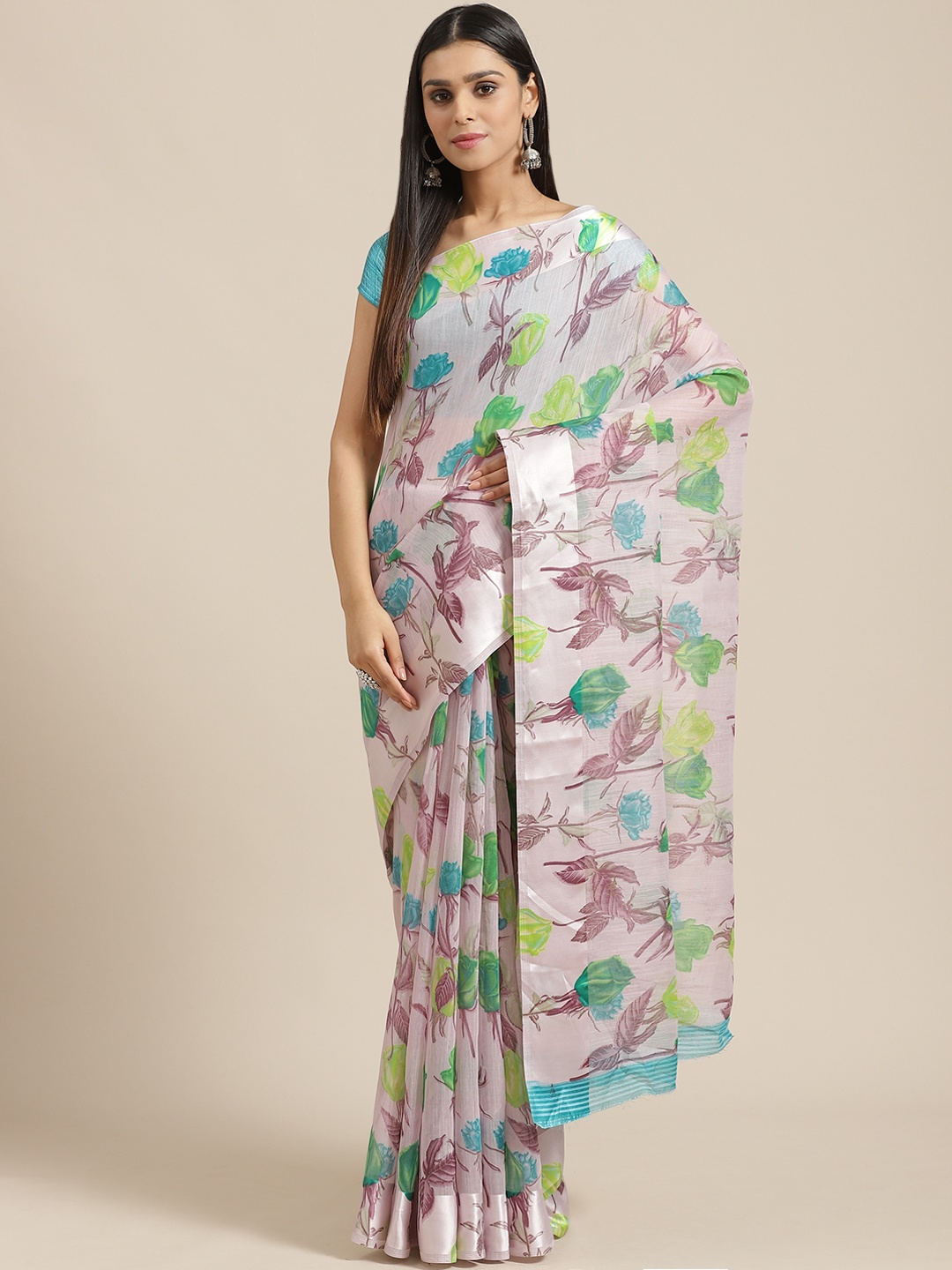 

Saree mall Lavender & Green Floral Printed Saree