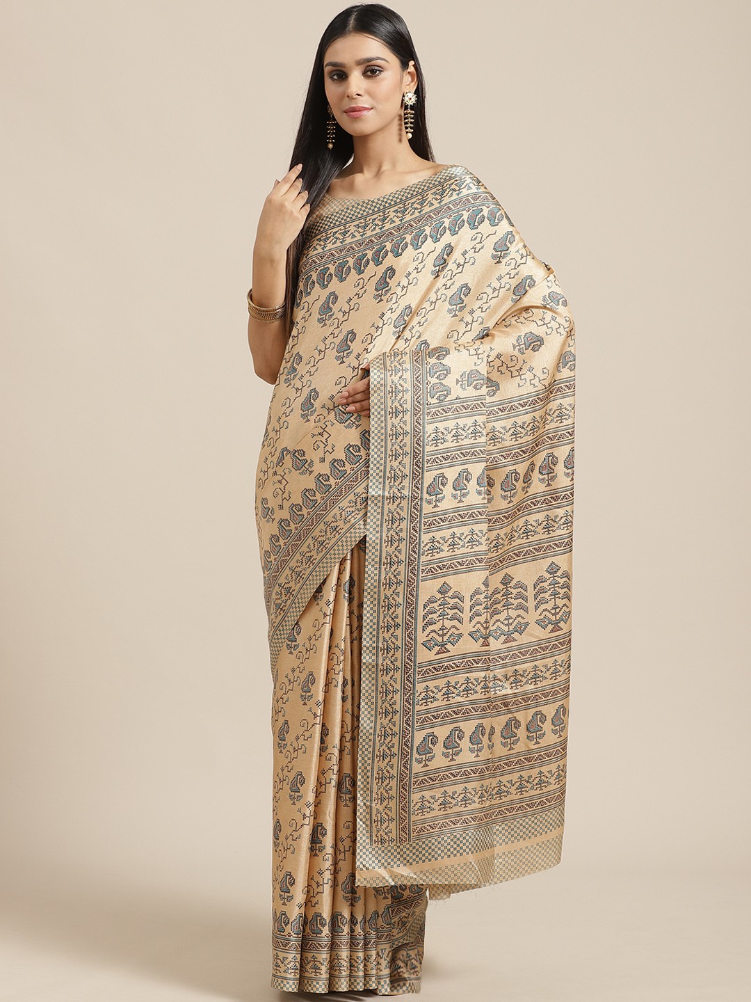 

Saree mall Beige & Teal Blue Printed Saree