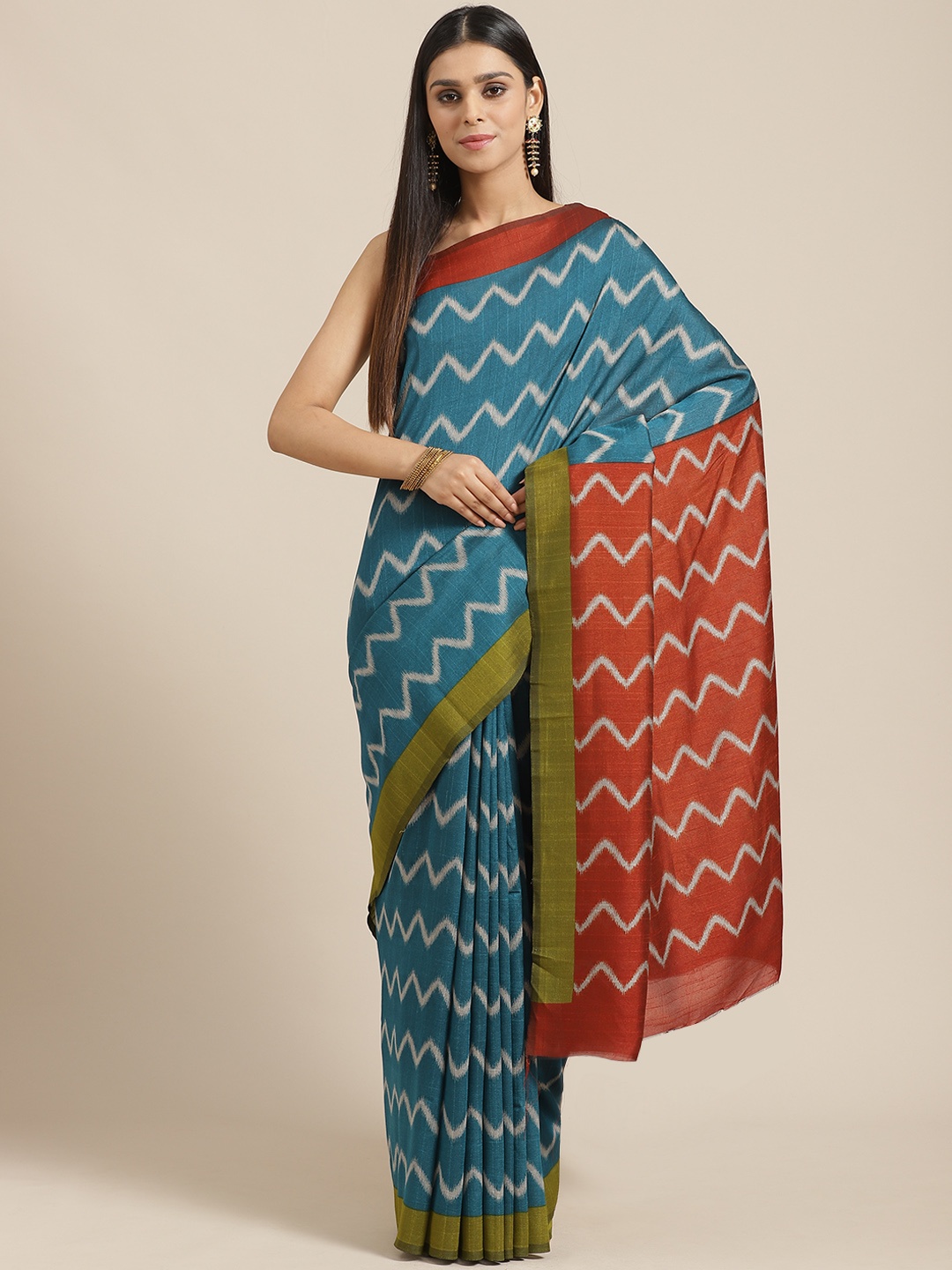 

Saree mall Teal Blue & Rust Red Printed Saree