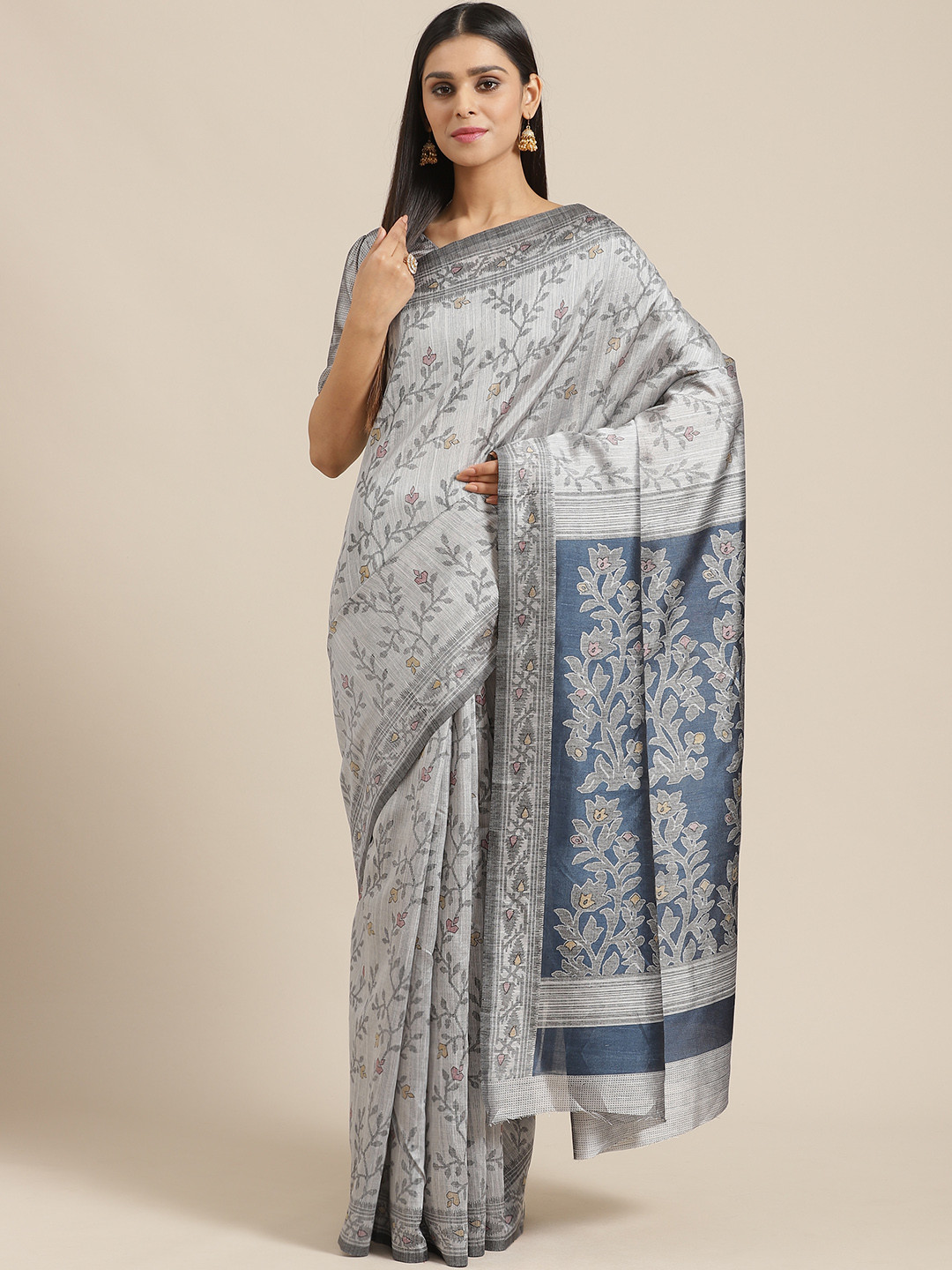 

Saree mall Grey & Navy Blue Printed Saree